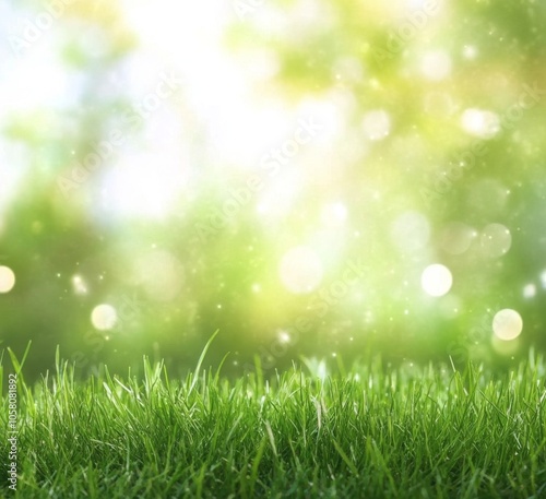 Blurred spring background with vibrant green grass and soft bokeh lights, ideal for nature-themed designs with 3D rendering and space for text.