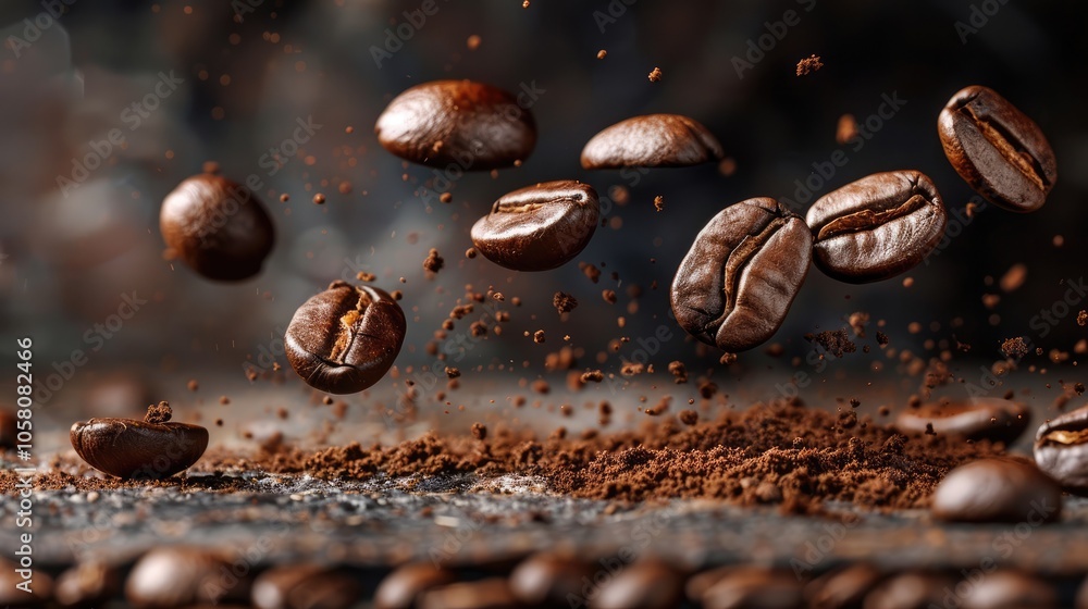 Coffee beans dropping onto dark surface to represent ingredient for hot beverage Coffee beans dropping onto dark surface to represent ingredient for hot beverage