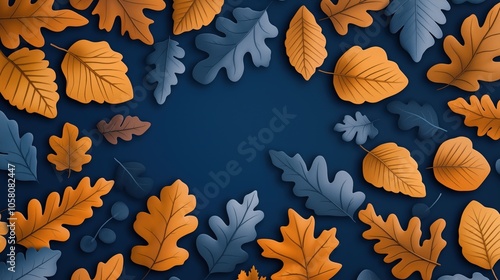 Illustration of autumn leaves in orange and blue tones arranged around a dark blue background. Leaves are in various shapes, creating a symmetrical border design.