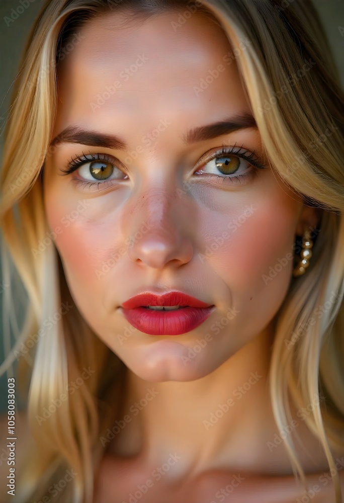 A close-up portrait of a young Caucasian woman with fair skin, brown eyes, and blonde hair. She is wearing red lipstick and gold earrings. A close-up portrait of a young Caucasian woman with fair skin, brown eyes, and blonde hair. She is wearing red lipstick and gold earrings.