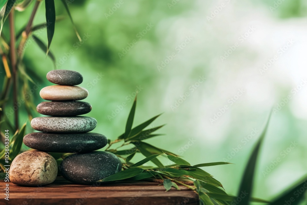 Zen stone stack with bamboo leaves on wooden table, serene spa concept banner with green background and ample copy space, capturing tranquility in boho style with smooth natural light. Zen stone stack with bamboo leaves on wooden table, serene spa concept banner with green background and ample copy space, capturing tranquility in boho style with smooth natural light.