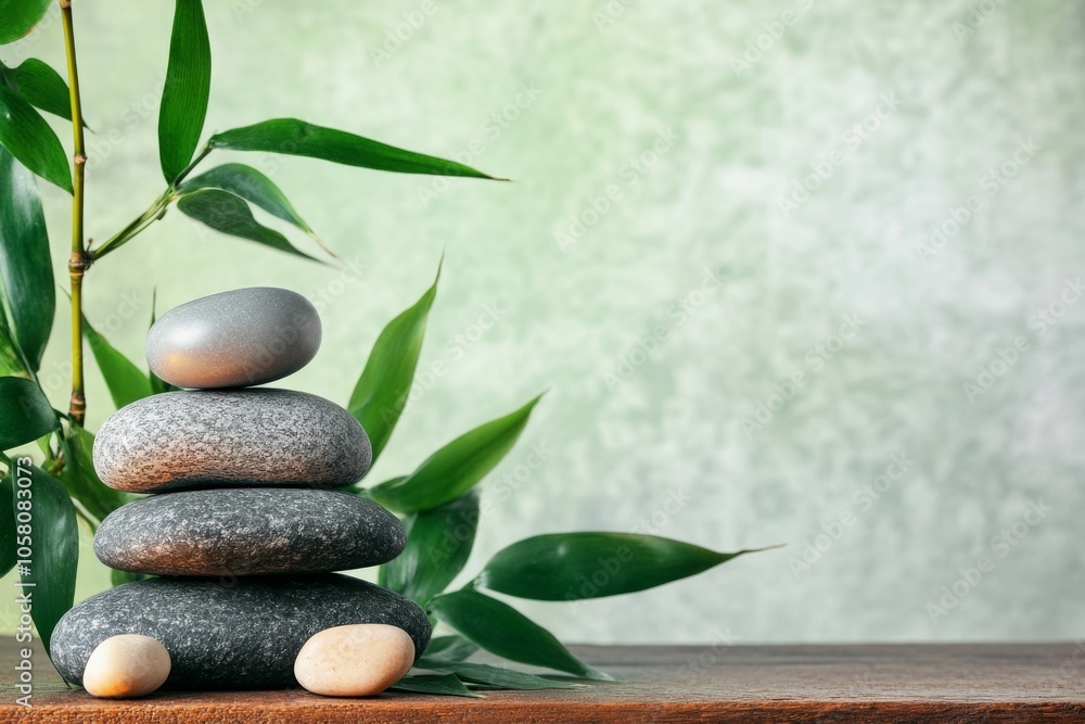Zen stone stack with bamboo leaves on wooden table, serene spa concept banner with green background and ample copy space, capturing tranquility in boho style with smooth natural light. Zen stone stack with bamboo leaves on wooden table, serene spa concept banner with green background and ample copy space, capturing tranquility in boho style with smooth natural light.