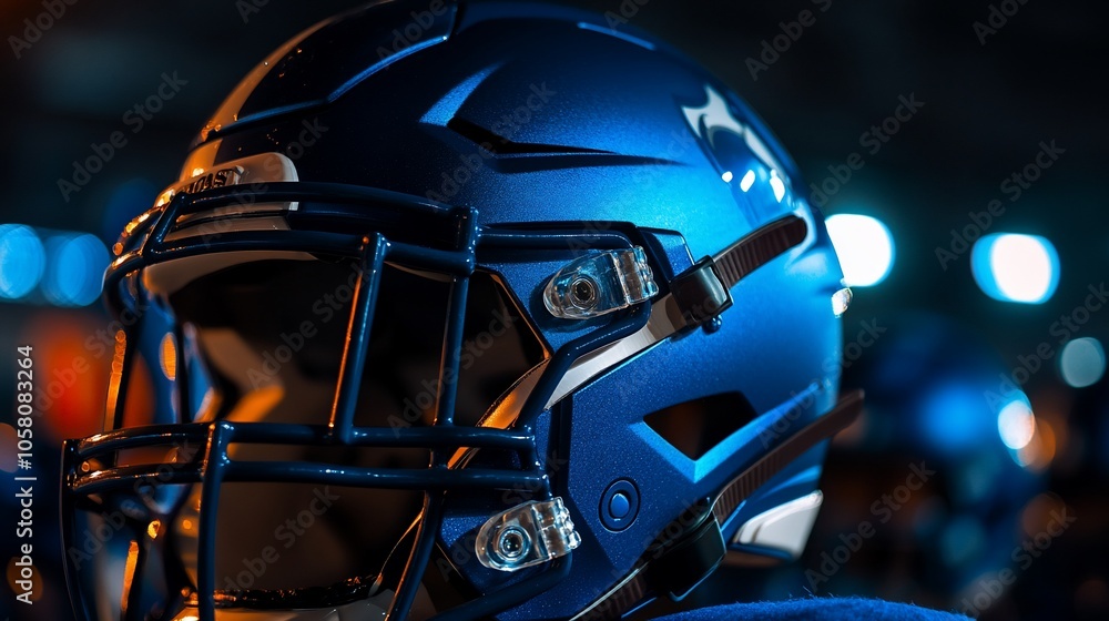 Fototapeta premium Close-up of a blue football helmet with a black face mask, under stadium lights.
