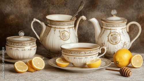 Elegant Tea Set with Lemons and Honey Drizzle