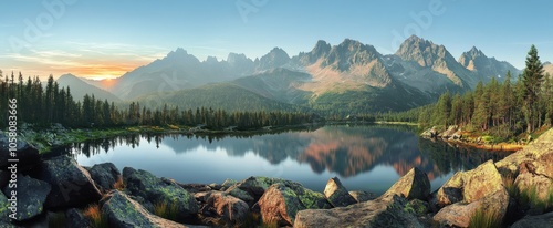 Panoramic sunrise view of the Tatra Mountains, high-resolution hyper-realistic scene showcasing natural beauty in rich detail, perfect for landscape and travel themes.