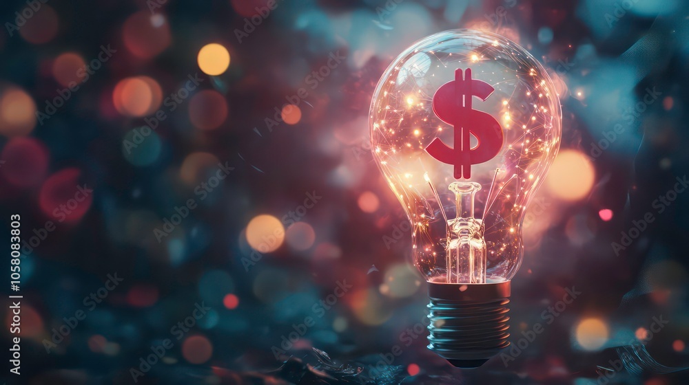 A glowing light bulb with a dollar sign inside, set against a dark blue background with bokeh lights. A glowing light bulb with a dollar sign inside, set against a dark blue background with bokeh lights.