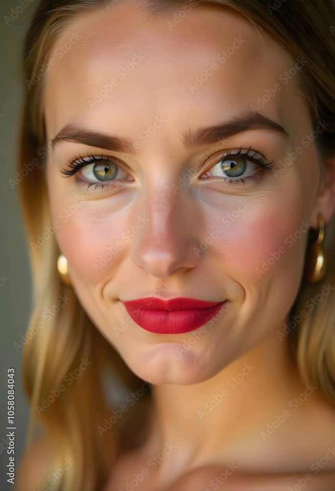A close-up portrait of a young Caucasian woman with fair skin, brown eyes, and blonde hair. She is wearing red lipstick and gold earrings. A close-up portrait of a young Caucasian woman with fair skin, brown eyes, and blonde hair. She is wearing red lipstick and gold earrings.