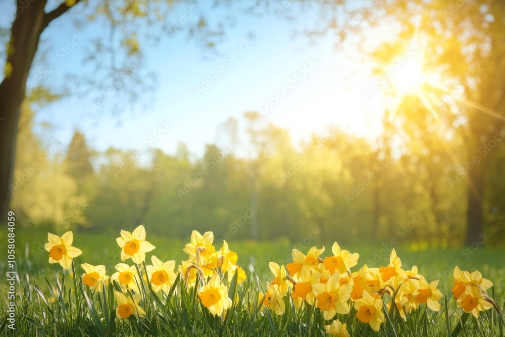 Yellow daffodils blooming in grassy field under blue sky with sun rays, capturing vibrant spring atmosphere Yellow daffodils blooming in grassy field under blue sky with sun rays, capturing vibrant spring atmosphere