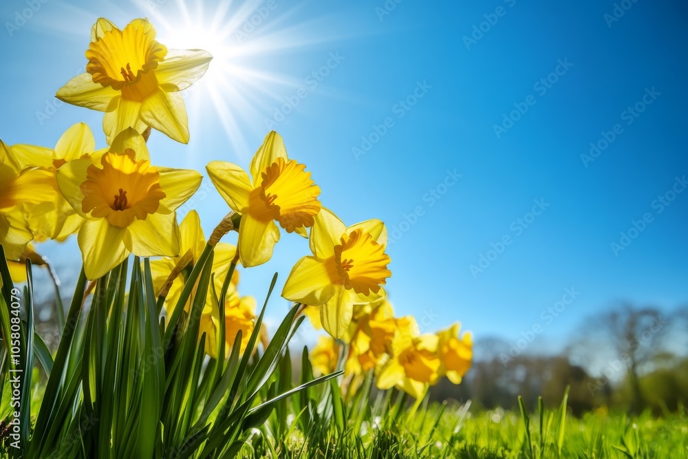 Obraz premium Yellow daffodils blooming in grassy field under blue sky with sun rays, capturing vibrant spring atmosphere