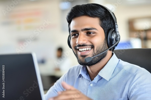  Smiling Indian call center agent wearing headset, speaking with client over laptop in office