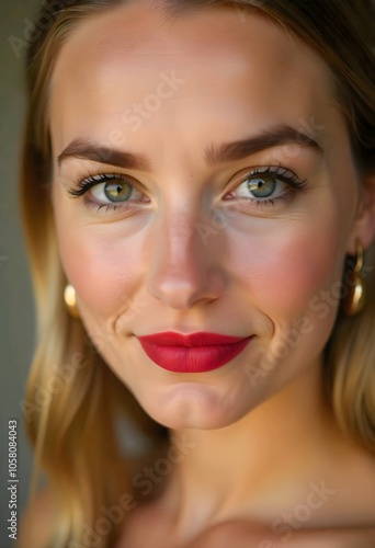 A close-up portrait of a young Caucasian woman with fair skin, brown eyes, and blonde hair. She is wearing red lipstick and gold earrings.