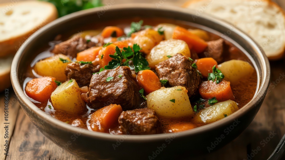 A bowl of hearty beef stew with potatoes, carrots and parsley garnish, served with slices of crusty bread. A bowl of hearty beef stew with potatoes, carrots and parsley garnish, served with slices of crusty bread.
