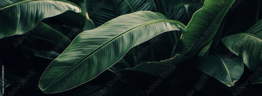 Dark tropical foliage with lush green leaves, showcasing detailed textures in a natural background. Dark tropical foliage with lush green leaves, showcasing detailed textures in a natural background.