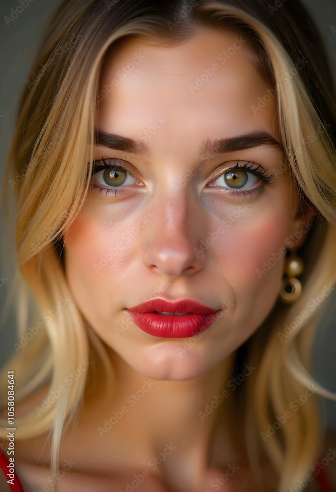 The portrait shows a young Caucasian woman with fair skin, brown eyes, and blonde hair wearing red lipstick and gold earrings. The portrait shows a young Caucasian woman with fair skin, brown eyes, and blonde hair wearing red lipstick and gold earrings.