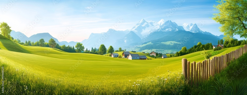Obraz premium Panoramic view of a green meadow with mountains in the background, showcasing a sunny day with a blue sky and mountain range, featuring village houses on hillsides amidst trees and grass, captured in