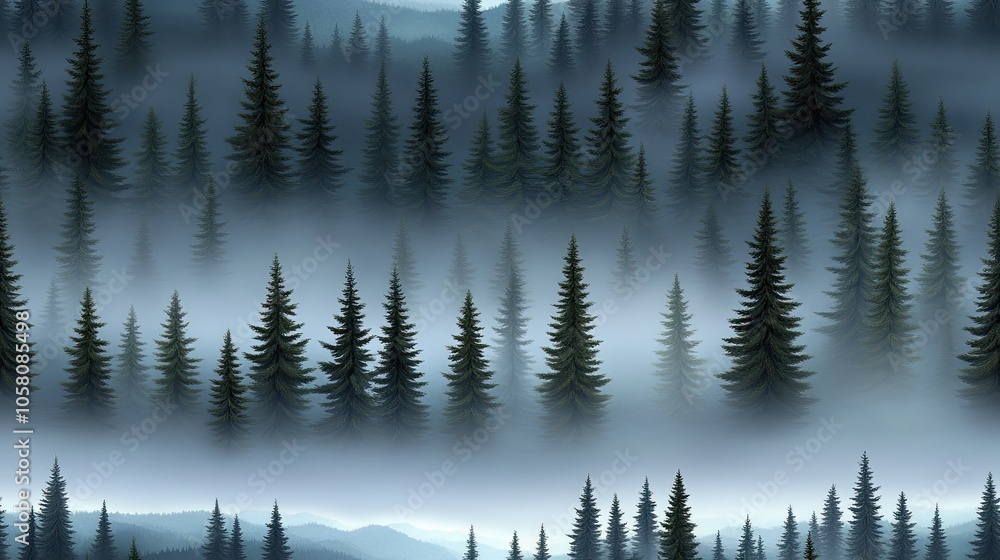 A dense forest enveloped in mist reveals tall trees and lush green foliage, creating a tranquil, mysterious environment at dawn SEAMLESS PATTERN A dense forest enveloped in mist reveals tall trees and lush green foliage, creating a tranquil, mysterious environment at dawn SEAMLESS PATTERN