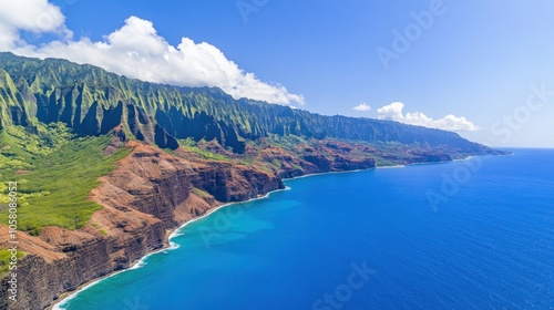 A panoramic aerial view of the Na Pali Coast on the island of Kauai, Hawaii. The rugged cliffs and lush green slopes rise up from the turquoise waters of the Pacific Ocean.