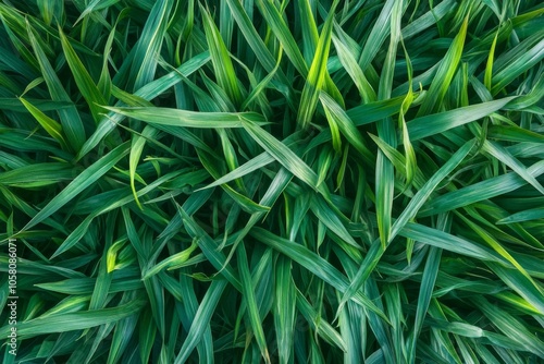 Top view of a lush green grass texture in high resolution, showcasing hyperrealistic details and an ultra-wide angle perspective for a vibrant natural look.