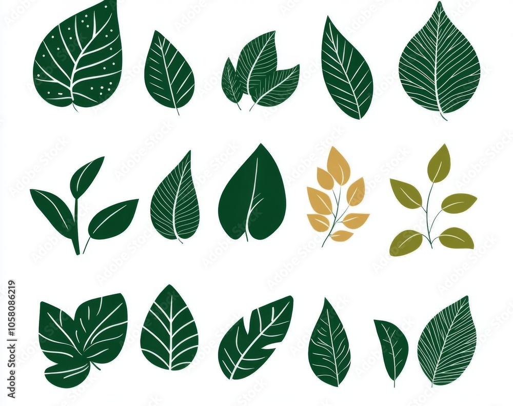 Green leaf icons isolated on a white background, designed as simple shapes in a flat color style, suitable for eco-friendly product packaging or natural brand logo templates. Green leaf icons isolated on a white background, designed as simple shapes in a flat color style, suitable for eco-friendly product packaging or natural brand logo templates.