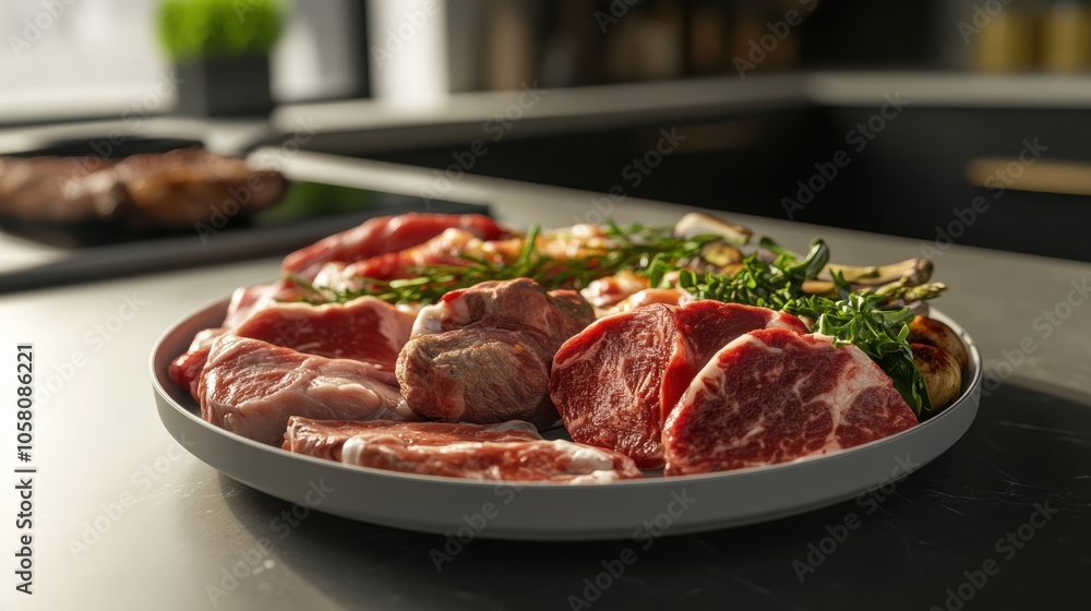 Assorted meats on plate for gourmet cooking or dining experience Assorted meats on plate for gourmet cooking or dining experience