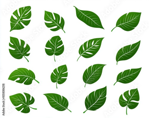 Green leaf icons isolated on a white background, designed as simple shapes in a flat color style, suitable for eco-friendly product packaging or natural brand logo templates.