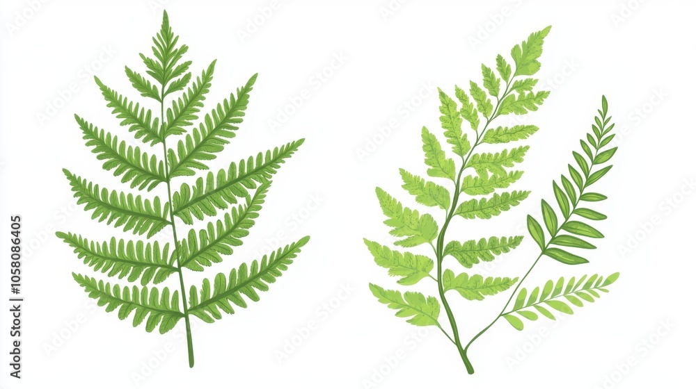 Vibrant Green Fern Leaves on White Background Vibrant Green Fern Leaves on White Background