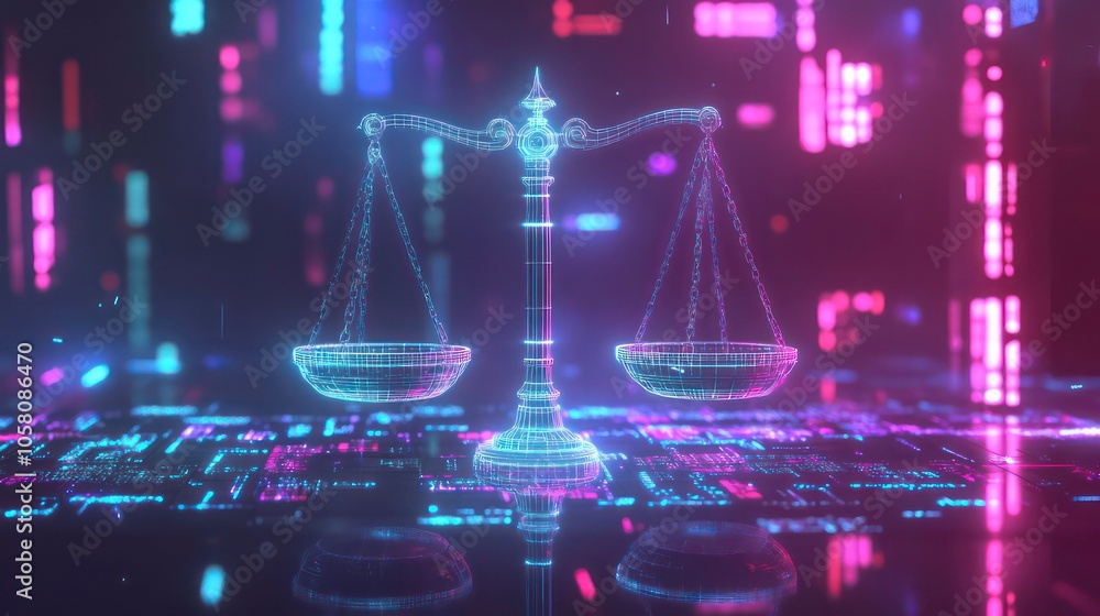 A futuristic, digital rendering of a scale of justice with glowing neon lights. A futuristic, digital rendering of a scale of justice with glowing neon lights.