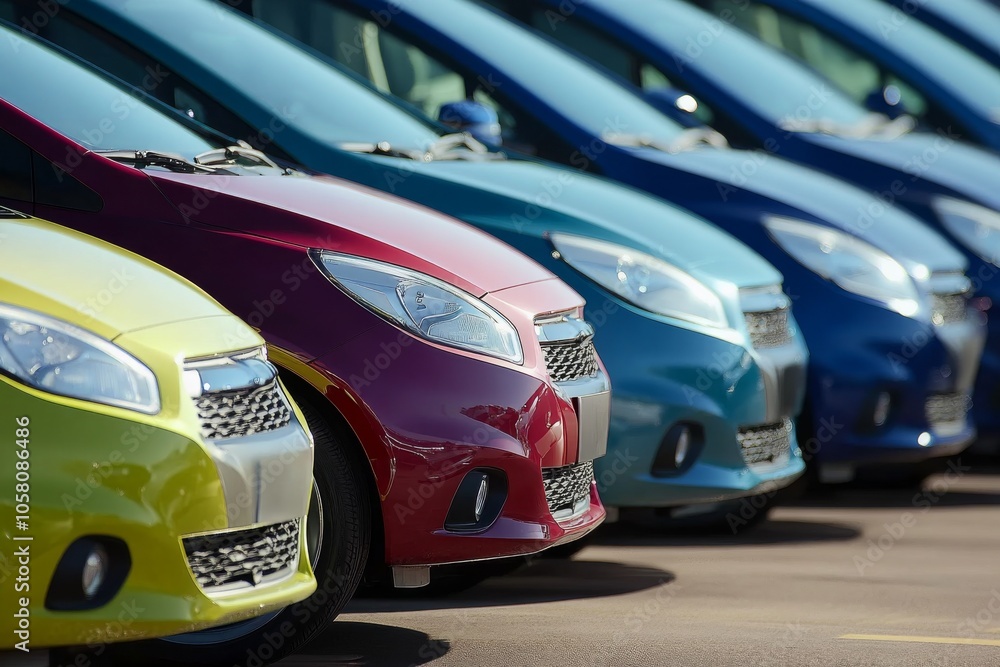 A vibrant row of cars in various colors showcased at a car dealership lot, highlighting a diverse selection of vehicles for potential buyers. The image captures the essence of choice and automotive va A vibrant row of cars in various colors showcased at a car dealership lot, highlighting a diverse selection of vehicles for potential buyers. The image captures the essence of choice and automotive va