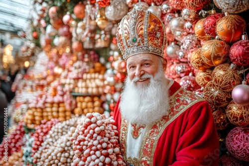 Festive holiday bishop surrounded by colorful ornaments in an outdoor market capturing joy tradition and community spirit in a bustling cheerful holiday setting photo