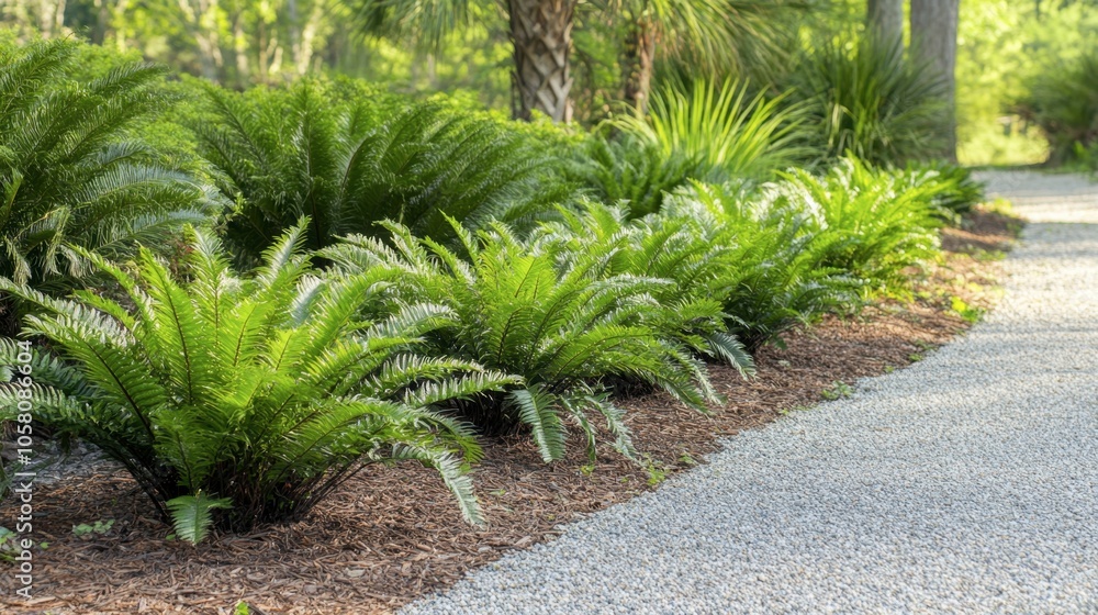 Lush Green Ferns Along Scenic Pathway Lush Green Ferns Along Scenic Pathway