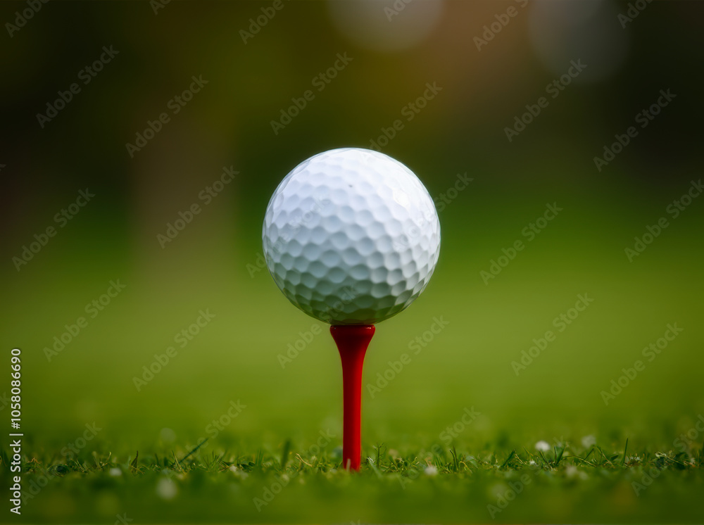 Close-up of a golf ball perfectly placed on a red tee, surrounded by lush green grass, capturing the essence of the sport. Close-up of a golf ball perfectly placed on a red tee, surrounded by lush green grass, capturing the essence of the sport.
