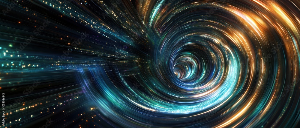 Abstract Swirling Light Tunnel with Blue and Gold Hues - Futuristic Technology Background. Abstract Swirling Light Tunnel with Blue and Gold Hues - Futuristic Technology Background.