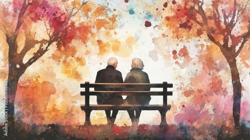 Watercolor Painting of Senior Couple Sitting on a Bench in a Park, Autumn Colors, Romance, Love, Togetherness