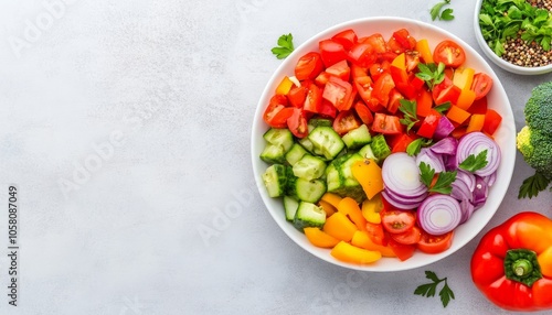 Fresh chopped vegetables in a bowl with ingredients for a healthy salad.