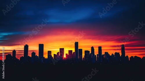 Dramatic Silhouette of City Skyline Against a Vibrant Sunset Sky.