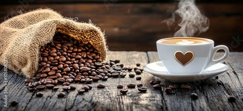 Steaming cup of coffee with heart-shaped steam wisps, surrounded by scattered coffee beans on a rustic wooden table, with a burlap sack of beans in the background, evoking warmth, comfort, and abundan photo