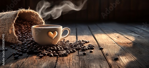 Steaming cup of coffee with heart-shaped steam wisps, surrounded by scattered coffee beans on a rustic wooden table, with a burlap sack of beans in the background, evoking warmth, comfort, and abundan photo