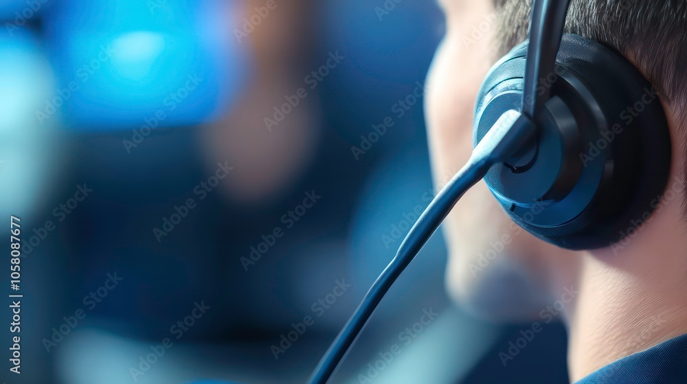 Close-up of a man wearing a headset, focused on his work. Close-up of a man wearing a headset, focused on his work.