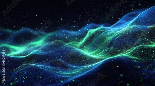 Abstract Blue and Green Particles Background, Digital, Technology, Sci-Fi, Neon, Aurora Borealis, Space, Galaxy, Universe, Starry Night, Cosmic Dust.