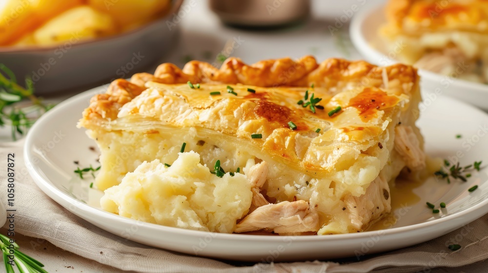 Tasty chicken pie with mashed potatoes on plate with white porcelain surface Tasty chicken pie with mashed potatoes on plate with white porcelain surface