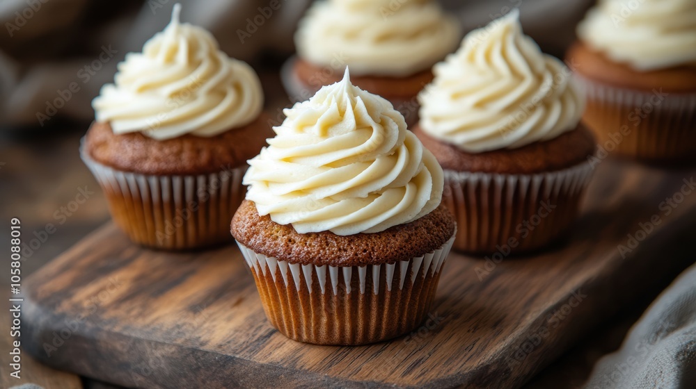 Delicious low carb cupcakes with cream cheese frosting on a wooden board for dessert and party celebrations Delicious low carb cupcakes with cream cheese frosting on a wooden board for dessert and party celebrations
