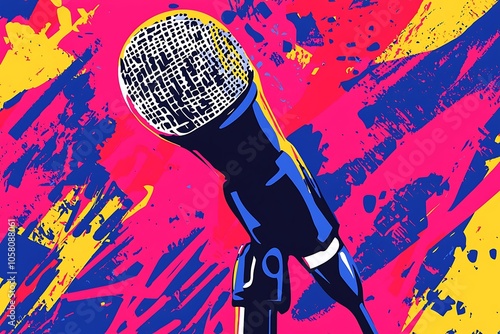 Abstract design poster for a karaoke microphone event. Open mic festival poster, singer party poster, night show poster, or comedy club poster.