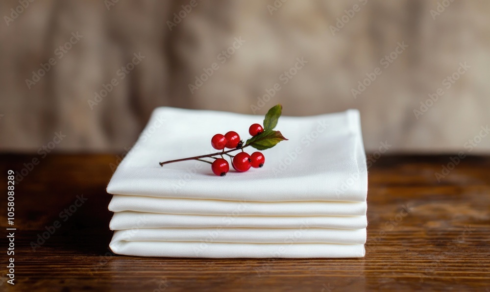 A stack of white napkins with a single red berry sprig placed in the middle, lying on a wooden tabletop A stack of white napkins with a single red berry sprig placed in the middle, lying on a wooden tabletop