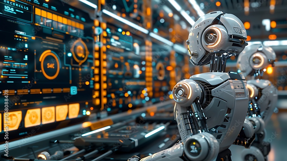 Fototapeta premium A futuristic robot interacts with glowing data panels in a high-tech environment, showcasing advanced technology and artificial intelligence.