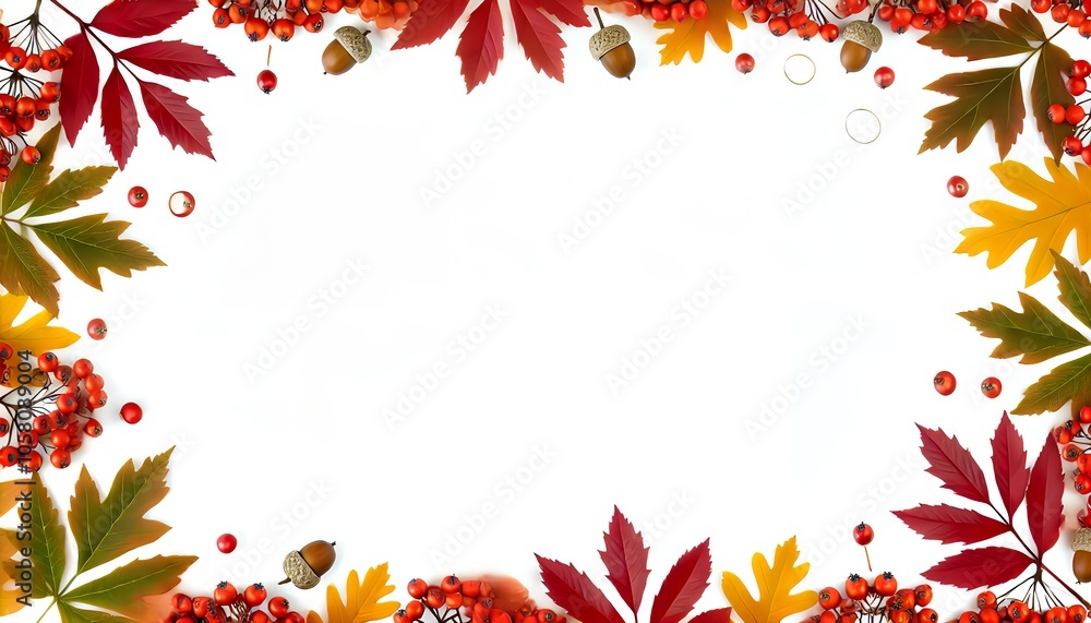 Bright, highly artistic photorealistic autumn leaves in warm colors, with detailed acorns and berries framing a spacious white background, creating an elegant and inviting seasonal frame with a wide, Bright, highly artistic photorealistic autumn leaves in warm colors, with detailed acorns and berries framing a spacious white background, creating an elegant and inviting seasonal frame with a wide,