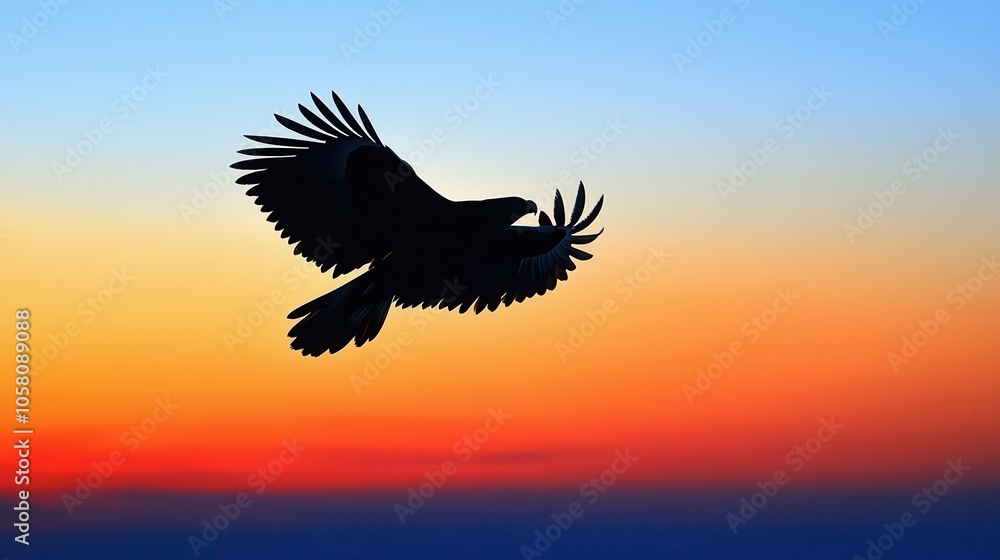 Fototapeta premium Eagle Silhouette Flying at Sunset, Majestic Bird in Flight Against Colorful Sky