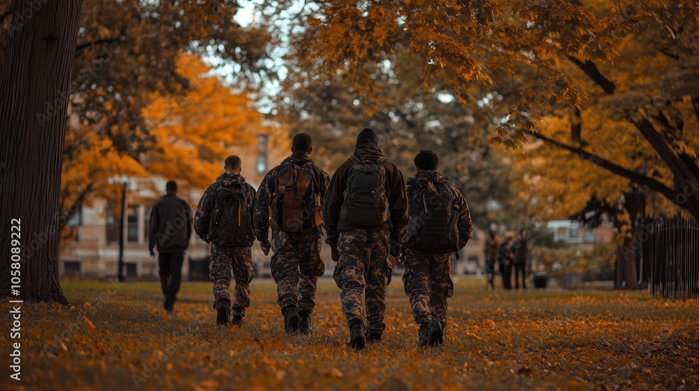 Obraz premium Autumn adventure with friends in camouflage outfits amidst colorful fall foliage
