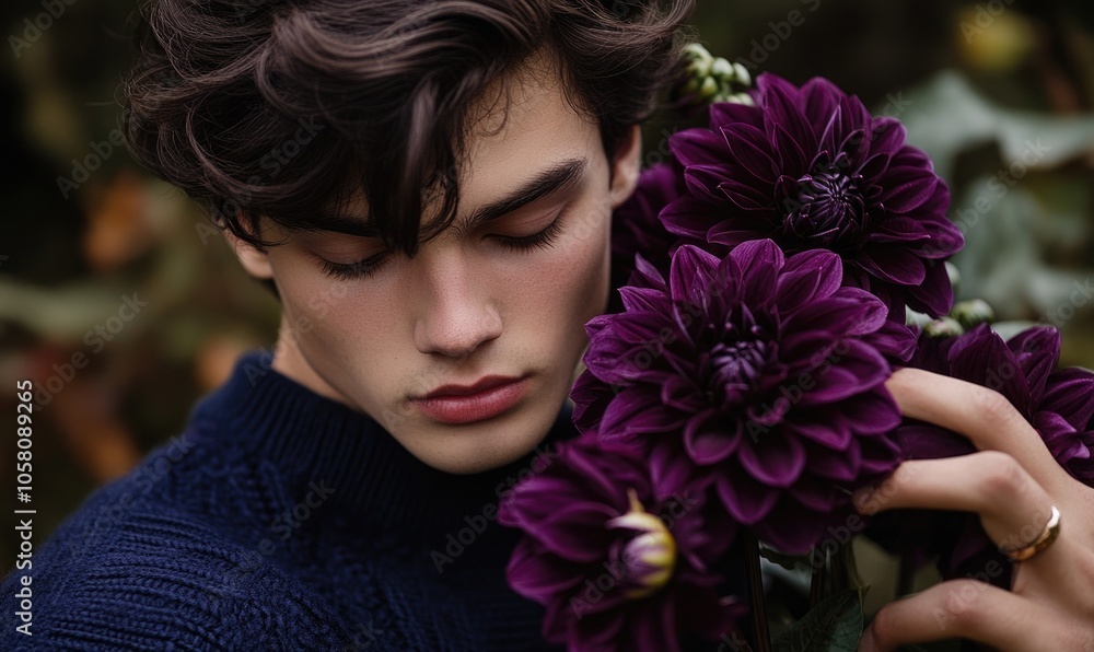 Closeup portrait of a young man with dark purple hair, wearing a navy sweater, holding purple dahlias Closeup portrait of a young man with dark purple hair, wearing a navy sweater, holding purple dahlias