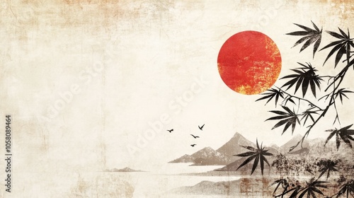 Tranquil Landscape with Red Sun and Bamboo Silhouettes