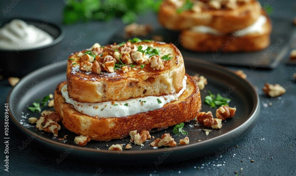 Classic French toast with yogurt and a sprinkle of nuts on a dark ceramic plate scattered ingredients in the background Classic French toast with yogurt and a sprinkle of nuts on a dark ceramic plate scattered ingredients in the background